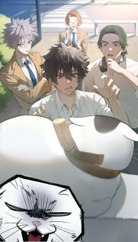 Rule 34 | 4boys, animal, backwards hat, black hair, blazer, blue necktie, brown jacket, cat, closed mouth, collared shirt, corrupted twitter file, crossed arms, dao8 33, eugene korekishi, forehead, glasses, green hair, grey hair, hair between eyes, hashtag-only commentary, hat, headphones, headphones around neck, highres, jacket, kanzaki kaoru, kotaro tamon, male focus, mogari shishikuno, multiple boys, necktie, orange hair, phantom busters, red eyes, round eyewear, shirt, short hair, standing, sweat, teeth, white shirt