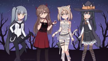 Rule 34 | adapted turret, alcohol, alternate costume, animal ears, arashio (kancolle), asashio (halloween) (kancolle), asashio (kancolle), asashio kai ni (kancolle), bandages, belt, black cape, black gloves, black hair, black hat, black pants, black pantyhose, blue eyes, blunt bangs, bow, bowtie, brown eyes, brown hair, cape, cat ears, cat tail, collared shirt, commentary, commentary request, cosplay, cup, demon girl, demon horns, demon tail, double bun, dress, dress shirt, drinking glass, feet out of frame, finger to mouth, frilled dress, frills, gloves, hair bun, halloween, halloween costume, hat, highres, horns, kantai collection, kasumi (kancolle), konato k, long hair, looking at viewer, michishio (kancolle), mummy costume, naked bandage, night, official alternate costume, one eye closed, orange bow, orange bowtie, outdoors, pants, pantyhose, pinafore dress, red dress, shirt, side ponytail, sky, sleeveless, sleeveless dress, smile, staff, star (sky), starry sky, striped clothes, striped thighhighs, tail, thigh strap, thighhighs, tree, white gloves, white shirt, wine, wine glass, witch hat, wo-class aircraft carrier, wo-class aircraft carrier (cosplay)