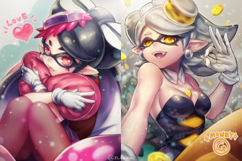 2girls artist_name bare_shoulders between_breasts black_hair breasts callie_(splatoon) callie_(squid_sisters_outfit)_(splatoon) cleavage coin collar crossed_arms dress earrings fangs food food_on_head gloves heart heart-shaped_pillow hugging_object inkling jewelry kamui_natsuki long_hair marie_(splatoon) marie_(squid_sisters_outfit)_(splatoon) money multiple_girls nintendo object_on_head pantyhose parted_lips pillow pillow_hug pointy_ears red_eyes short_hair splatoon_(series) splatoon_1 split_screen strapless strapless_dress tentacle_hair white_gloves yellow_eyes