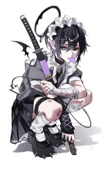 1boy black_choker black_eyes black_hair black_halo black_shirt black_shoes black_skirt choker closed_mouth commentary cursor double-parted_bangs frilled_hairband frills full_body hair_between_eyes hairband halo heterochromia highres kaminoq looking_at_viewer male_focus melting_halo original pleated_skirt purple_eyes shirt shoes short_hair short_sleeves simple_background skirt socks solo spiked_shoes spikes squatting sword thigh_strap weapon white_background white_hairband white_socks