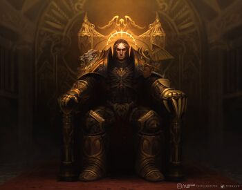 1boy aquila_(symbol) armor armored_boots artist_name bird black_background black_hair boots breastplate brown_background claw_(weapon) closed_eyes closed_mouth commentary dark_background deviantart_logo deviantart_username eagle eagle_head_(ornament) emperor_of_mankind english_commentary faulds full_armor gauntlets gem gold_armor gradient_background greaves halo highres imperial_aquila instagram_logo instagram_username laurel_crown laurels lightning_claw lion_head_(ornament) long_hair male_focus ornate ornate_armor parted_hair pauldrons power_armor realistic red_carpet red_gemstone shield_print shoulder_armor simple_background sitting sitting_on_throne solo thefearmaster throne_room twitter_logo twitter_username vambraces warhammer_40k watermark weapon web_address yellow_halo