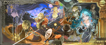 1boy 4girls :o absurdres apron astronaut bare_shoulders black_dress blonde_hair blue_eyes blue_hair border bow bowtie braid braided_bangs brown_dress brown_hair cloak coat colored_inner_hair computer couch desk ding_(vessel) dress feet_out_of_frame floating_hair from_above full_body galaxy gloves green_eyes grey_coat hair_intakes hair_ornament han_zhang_(reverse:1999) hand_up helmet highres hissabeth indoors jacket juliet_sleeves kiperina long_hair long_sleeves looking_at_viewer looking_up low_ponytail mark_under_eye multicolored_hair multiple_girls multiple_views name_day_(reverse:1999) neckerchief newt off_shoulder office orbital_path ornate_border pencil_dress planet pointer_(reverse:1999) ponytail profile puffy_short_sleeves puffy_sleeves purple_eyes red_bow red_bowtie red_cloak red_neckerchief red_pupils red_shoes reverse:1999 robot_ears salamander school_uniform shoes short_hair short_sleeves silver_dress sleeveless sleeveless_dress slit_pupils smile snake snake_on_head soviet_school_uniform space space_helmet spacesuit standing star_(sky) star_(symbol) star_hair_ornament starry_sky_background tightrope upper_body veerinly very_long_hair voyager_(reverse:1999) voyager_golden_record voyager_probe walking white_apron white_coat white_dress white_jacket yellow_eyes yellow_gloves