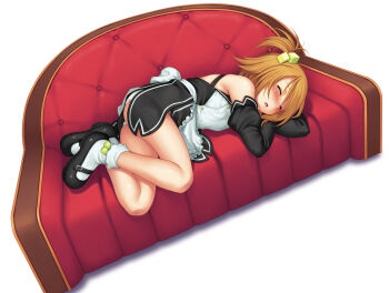 1girl black_shoes closed_eyes commentary_request couch cube_hair_ornament detached_sleeves dream_c_club dream_c_club_(series) dream_c_club_uniform hair_ornament kazuma_muramasa lying on_side open_mouth panties panty_peek photoshop_(medium) setsu_(dream_c_club) shoes simple_background sleeping socks solo underwear white_background white_panties white_socks