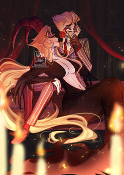 1boy 1girl the_addams_family adylaineart breasts cosplay couple demon demon_boy demon_girl demon_horns dress gomez_addams gomez_addams_(cosplay) hazbin_hotel hellaverse highres horns husband_and_wife lilith_(hazbin_hotel) long_hair lucifer_morningstar_(hazbin_hotel) morticia_addams morticia_addams_(cosplay) very_long_hair