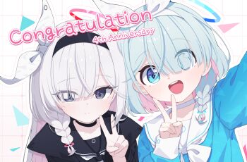 Rule 34 | 2girls, :d, absurdres, anniversary, arona (blue archive), black choker, black coat, black eyes, black hairband, black sailor collar, black shirt, blue archive, blue eyes, blue hair, blue halo, blue pupils, blue shirt, bow, bow hairband, bowtie, braid, choker, cinamon (cinamori), closed mouth, coat, colored inner hair, commentary request, congratulations, dot nose, english text, eyes visible through hair, grid background, hair bow, hair over one eye, hairband, halo, highres, korean commentary, light blush, long hair, long sleeves, looking at viewer, mismatched pupils, multicolored hair, multiple girls, open mouth, outline, pink hair, plana (blue archive), red halo, red pupils, sailor collar, selfie, shirt, short braid, short hair, side braid, single braid, sleeve cuffs, smile, split mouth, straight-on, swept bangs, tareme, teeth, triangle, two-tone hair, upper body, upper teeth only, v, white background, white bow, white bowtie, white choker, white hair, white outline, white sailor collar