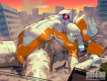 Rule 34 | 1girl, arched back, blue eyes, bodysuit, breasts, chest jewel, clenched teeth, colored skin, commentary request, covered erect nipples, energy drain, forehead jewel, giant, giantess, grey bodysuit, grey hair, grey skin, medium breasts, multicolored hair, nikunopengin, orange bodysuit, orange hair, original, solo, teeth, tentacles, tokusatsu, twintails, two-tone hair, ultra series