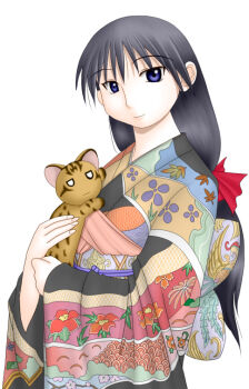 Rule 34 | 1girl, azumanga daiou, black hair, cat, empty eyes, female focus, floral print, japanese clothes, long sleeves, maya (azumanga), mayaa (azumanga daioh), o o, purple eyes, sakaki (azumanga daioh), simple background, smile, solo, white background, yamamaya