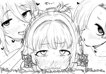 1boy 3girls absurdres blush commentary_request cum cum_in_nose deepthroat fellatio hetero highres hoshi_syoko idolmaster idolmaster_cinderella_girls kaiman_garupan koshimizu_sachiko looking_at_viewer monochrome multiple_girls oral shirasaka_koume short_hair tears