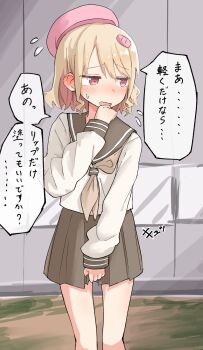 1girl beret blonde_hair blush brown_sailor_collar brown_skirt commentary_request ear_blush embarrassed flying_sweatdrops hair_ornament hand_up hat highres long_sleeves looking_to_the_side miniskirt neckerchief open_mouth original outdoors pink_hat pleated_skirt red_eyes sailor_collar school_uniform serafuku shirt short_hair skirt socks solo speech_bubble standing sweat sweatdrop talking tonkotsu_frappuccino white_shirt