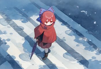 1girl amesya2018 black_shirt black_shoes blush bow capelet crosswalk expressionless from_above full_body hair_bow high_collar holding holding_umbrella looking_to_the_side outdoors puddle purple_bow red_capelet red_eyes red_hair refraction ribbon-trimmed_bow ribbon_trim sekibanki shirt shoes short_hair solo touhou umbrella walking wide_shot