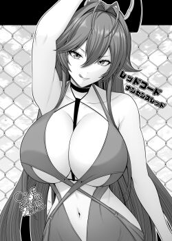 1girl antenna_hair arm_up bare_shoulders between_breasts breasts chain-link_fence choker cleavage clothing_cutout collarbone commentary_request cover cover_page cowboy_shot double-parted_bangs dress evening_gown fence goddess_of_victory:_nikke hair_between_eyes hair_flaps hair_intakes highres hip_vent horns large_breasts long_hair looking_at_viewer mechanical_horns monochrome navel navel_cutout official_alternate_costume red_hood_(nikke) red_hood_(nonsense_red)_(nikke) sidelocks signature smile solo standing stomach strap_between_breasts toba_yuga tongue tongue_out translation_request very_long_hair