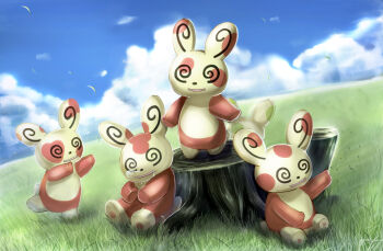 blue_sky cloud commentary_request day gen_3_pokemon grass highres nintendo no_humans nose_bubble on_tree_stump outdoors pokemon pokemon_(creature) sitting sky spinda standing yuitsuki1206