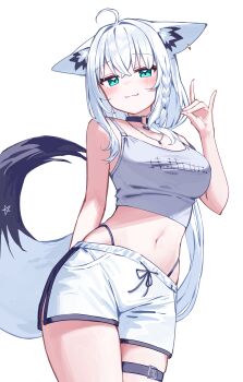 1girl :3 absurdres ahoge animal_ear_fluff animal_ear_piercing animal_ears aqua_eyes arm_behind_back belt black_choker braid breasts choker closed_mouth commentary_request cowboy_shot deaver double-parted_bangs fox_ears fox_girl fox_shadow_puppet fox_tail hair_between_eyes hand_up highleg highleg_panties highres hololive jewelry large_breasts long_hair looking_at_viewer low_ponytail midriff necklace o-ring o-ring_choker official_alternate_costume panties panty_straps pentagram ponytail shirakami_fubuki short_shorts shorts side_braid side_slit side_slit_shorts simple_background single_braid solo tail tank_top thigh_belt thigh_strap underwear very_long_hair virtual_youtuber white_background white_hair white_shorts white_tank_top