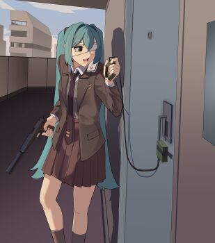 1girl absurdres aqua_hair black_eyes blue_sky brown_jacket brown_necktie brown_skirt brown_socks brown_sweater building c4 cellphone clacker cloud collared_shirt commentary detonator door explosive eyepatch gar32 gun handgun hatsune_miku highres holding holding_detonator holding_gun holding_weapon jacket m1911 medical_eyepatch monitoring_(vocaloid) necktie open_mouth phone pleated_skirt school_uniform shirt skirt sky smartphone socks solo suppressor sweater teeth upper_teeth_only vocaloid weapon white_shirt