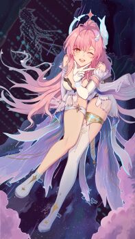 1girl 603dekuankuan absurdres aemeath_(wuthering_waves) ahoge asymmetrical_footwear bare_shoulders breasts commentary_request elbow_gloves from_above full_body glitch gloves hair_ornament highres large_breasts long_hair looking_at_viewer looking_up one_eye_closed open_mouth orange_eyes partial_commentary pink_hair ponytail smile solo thighs uneven_footwear white_gloves wuthering_waves