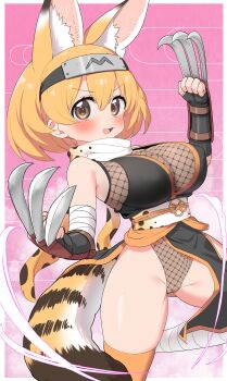 1girl :d absurdres animal_ear_fluff animal_ears arm_guards black_gloves blonde_hair blush breasts brown_eyes claw_(weapon) commentary elbow_gloves extra_ears fang fingerless_gloves fishnet_leotard fishnets forehead_protector gloves gradient_background groin_tendon highleg highleg_leotard highres kemono_friends large_breasts leotard looking_at_viewer ninja open_mouth orange_thighhighs pelvic_curtain pink_background ransusan scarf serval_(kemono_friends) short_hair simple_background sleeveless smile solo tail thighhighs weapon