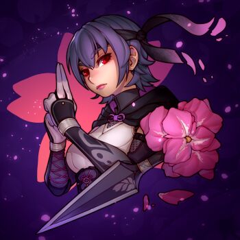 1girl arm_guards armor ayane_(doa) bodysuit breasts closed_mouth dead_or_alive dead_or_alive_6 flower gloves headband highres hood hood_down kuji-in kunai looking_at_viewer modathan ninja pink_flower purple_hair red_eyes short_hair solo weapon white_gloves