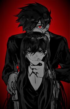 2boys antenna_hair arms_at_sides bags_under_eyes behind_another chuan closed_mouth collared_shirt commentary_request cosplay covered_mouth crossdressing crossdressing_(mtf) double-parted_bangs empty_eyes fingernails forced_smile greyscale_with_colored_background hair_between_eyes hand_on_another&#039;s_chin hand_on_another&#039;s_shoulder hero_(faraway)_(omori) hero_(omori) heterochromia high_contrast highres long_hair long_sleeves looking_at_viewer male_focus mari_(faraway)_(omori) mari_(faraway)_(omori)_(cosplay) mari_(omori) multiple_boys no_pupils omori red_background red_eyes red_theme shirt short_hair simple_background smile straight-on sunny_(omori) sweater_vest upper_body very_long_hair very_short_hair vignetting