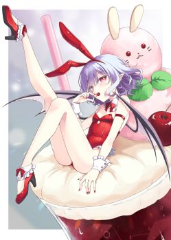 1girl alternate_costume animal_ear_hairband animal_ears beni_kurage bow bowtie breasts cherry commentary_request cup detached_collar drinking_straw fake_animal_ears food fruit full_body hairband highres holding_cherry ice_cream ice_cream_float leg_up leotard looking_at_viewer playboy_bunny pointy_ears purple_eyes rabbit_ear_hairband rabbit_ears reclining red_bow red_bowtie red_hairband red_leotard red_nails red_shoes remilia_scarlet shoes short_hair small_breasts solo strapless strapless_leotard touhou wrist_cuffs