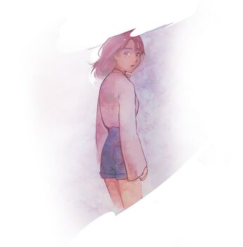 1girl :o angela_he bob_cut brown_eyes denim denim_shorts feet_out_of_frame looking_at_viewer looking_back missed_messages non-web_source official_art pink_hair shirt_tucked_in short_hair shorts solo surprised sweater transparent_background variant_set white_sweater