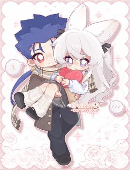 Rule 34 | 1boy, 1girl, ?, animal ears, baili (mhs 1830189), black pants, black ribbon, black shoes, black skirt, blue hair, blush, brown coat, brown sweater vest, buttons, carrying, closed mouth, coat, commission, cu chulainn (fate), dot nose, double-parted bangs, double horizontal stripe, drop shadow, fate (series), fox ears, fox girl, fox tail, full body, hair between eyes, hair ribbon, heart, highres, holding, holding heart, long hair, long sleeves, loose socks, miniskirt, oc x canon, open clothes, open coat, original, outline, pants, pink outline, plaid clothes, plaid scarf, pleated skirt, princess carry, purple eyes, red eyes, ribbed socks, ribbon, scarf, shirt, shoes, skirt, smile, socks, spoken blush, spoken question mark, standing, striped clothes, striped skirt, sweater vest, tail, white hair, white shirt, white socks, yellow scarf