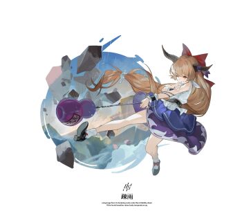 Rule 34 | 1girl, bare shoulders, belt, black belt, black shoes, bottle, bow, bowtie, brown eyes, chain, collared shirt, commentary, english text, footwear bow, frills, full body, hair bow, highres, holding, holding chain, horn ornament, horn ribbon, horns, ibuki suika, long hair, looking to the side, low-tied long hair, one eye closed, orange hair, purple ribbon, purple skirt, red bow, red bowtie, reeh (yukuri130), ribbon, rock, shirt, shoes, simple background, skirt, sleeveless, sleeveless shirt, smile, socks, solo, teeth, touhou, touhou hisoutensoku, very long hair, white background, white shirt, white socks, wrist cuffs