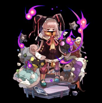 1girl aqua_shoes black_background blunt_bangs brown_dress brown_hat child covered_mouth dress flat_chest full_body hat highres jitome long_hair long_sleeves mary_janes merc_storia merc_storia_art_team official_art pantyhose pink_hair pointy_ears purple_pantyhose red_eyes shailie_(merc_storia) shoes simple_background solo standing stuffed_toy tachi-e