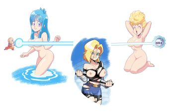 1boy 3girls ^_^ android android_18 armpits arms_behind_head artist_request bald bare_shoulders barefoot belt black_legwear blonde_hair blue_eyes blue_hair blue_skirt blush breasts brown_belt chibi chibi_inset closed_eyes convenient_censoring cowboy_shot curvy dragon_ball dragonball_z energy eyes_visible_through_hair full_body happy highres itsdatskelebutt kamehameha_(dragon_ball) large_breasts long_hair looking_at_viewer machine maron_(dragon_ball) mature_female medium_breasts miniskirt multiple_girls muscular nipples nude open_mouth panchy pencil_skirt seiza shiny_skin shirt short_hair sitting skirt small_areolae small_nipples smile spacecraft standing thighs torn_clothes torn_legwear torn_shirt torn_skirt wading water