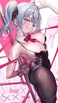 1girl animal_ears arm_ribbon arms_behind_back ass bare_shoulders bdsm between_buttocks black_leotard black_pantyhose black_ribbon blue_hair blunt_bangs blush bondage bound bound_wrists bow bowtie breasts bright_pupils cleavage clothing_cutout cowboy_shot crotch_rope cuffs curvy detached_collar eyelashes fake_animal_ears fake_tail fang from_side furrowed_brow grin hair_intakes hair_ornament hair_ribbon hairband handcuffs hatsune_miku head_tilt heart heart_cutout heart_hair_ornament highleg highleg_leotard highres large_breasts leotard leotard_pull looking_at_viewer medium_hair naughty_face necktie pantyhose pink_background pink_ribbon playboy_bunny pole purple_eyes rabbit_ears rabbit_hole_(vocaloid) rabbit_tail red_bow red_bowtie red_necktie ribbon short_necktie signature simple_background skindentation smile solo tail thigh_strap tsurime twintails two-tone_background vocaloid volshichi white_background white_hairband x_hair_ornament x_x