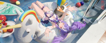 1girl absurdres arms_up blush breasts closed_mouth clothing_cutout day drill_hair drill_sidelocks eous_(zenless_zone_zero) heart_cutout highres large_breasts long_hair official_alternate_costume on_innertube one-piece_swimsuit one_eye_closed pointy_ears pool pool_ladder purple_hair purple_nails rain_sama red_eyes sidelocks smile solo swimsuit thigh_strap two-tone_one-piece_swimsuit vivian_banshee vivian_banshee_(iris_of_the_shore) white_one-piece_swimsuit zenless_zone_zero