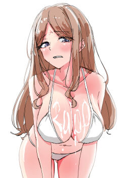 1girl absurdres aoi_illust09 bang_dream! bang_dream!_it's_mygo!!!!! bare_arms bare_shoulders bikini blue_eyes blush body_writing breasts brown_hair cleavage clenched_teeth collarbone commentary_request cowboy_shot food_on_body gluteal_fold halterneck highres large_breasts leaning_forward long_hair looking_at_viewer milestone_celebration mygo!!!!!_(bang_dream!) nagasaki_soyo navel parted_bangs parted_lips purple_eyes sidelocks simple_background sketch solo standing stomach string_bikini suggestive_fluid swimsuit teeth very_long_hair white_background white_bikini