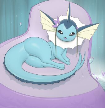 1girl absurdres animal_hands animal_nose ass black_eyes black_sclera blue_scales blue_skin colored_sclera colored_skin creature dripping eyelashes female_focus fins fish_tail flippers flower flower_on_head furry furry_female garden gen_1_pokemon gills happy head_fins highres hip_bones inflatable_chair inkune legs long_tail looking_at_viewer lying nintendo on_ground on_side open_mouth outdoors pokemon pokemon_(creature) scales shadow skindentation sky tail vaporeon water waterfall webbing wet wet_floor