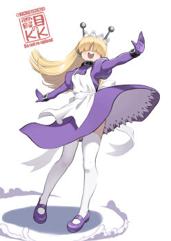 1girl android apron black_collar blonde_hair collar commentary_request dress full_body gloves hair_over_eyes highres juliet_sleeves kkzk61539201 long_sleeves maid mary_janes open_mouth puffy_sleeves purple_dress purple_gloves purple_shoes robot_ears shoes smile standing tesse thighhighs waku_waku_7 watermark white_thighhighs
