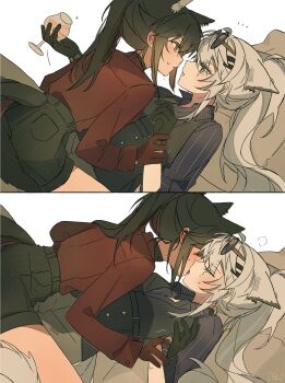 2girls animal_ears arknights black_gloves black_hair black_shorts blue_shirt blush closed_eyes commentary drink french_kiss gloves grey_eyes highres holding holding_drink kiss lappland_(arknights) long_hair multiple_girls orange_eyes ponytail red_gloves red_shirt scar scar_across_eye scar_on_face seri_(vyrlw) shirt shorts simple_background sweat symbol-only_commentary tail texas_(arknights) white_background white_hair wolf_ears wolf_tail yuri
