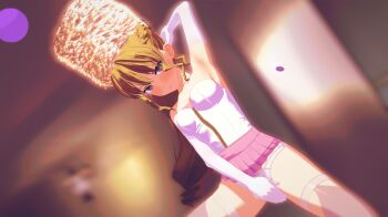 1girl 3d blonde_hair blush code_vein corset covering_crotch covering_privates dress fur_hat hat koikatsu mia_karnstein one_hand_behind_head panties petite pink_dress solo thatdude thighhighs underwear white_corset white_panties