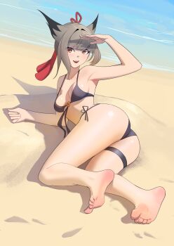 1girl absurdres animal_ears ass azur_lane barefoot beach bikini breasts commission front-tie_bikini_top front-tie_top full_body grey_hair hair_intakes highres lying on_side open_mouth orange_eyes pixiv_commission purple_bikini rainz short_hair side-tie_bikini_bottom small_breasts smile solo suzutsuki_(azur_lane) suzutsuki_(beachside_attendant!)_(azur_lane) swimsuit thigh_strap