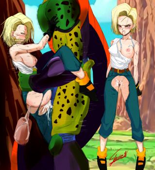 android_18 anime_coloring bestiality blonde_hair breasts cell_(dragon_ball) cum denim dragonball_z gluteal_fold highres jeans looking_at_viewer medium_breasts moaning pants penetration_through_clothes rape sex shirt suspended_congress torn_clothes torn_jeans torn_pants torn_shirt