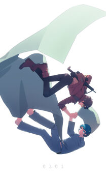 2boys :o absurdres ankle_boots black_pants blanket blue_eyes blue_hair blue_pants blue_shirt boots closed_mouth commentary_request falling full_body green_eyes gun gun_on_back gundam gundam_zz highres holding_hands jacket judau_ashta kamille_bidan long_sleeves looking_at_another male_focus multiple_boys pajamas pants pillow pin_(penco_co) red_boots red_jacket rifle shirt short_hair simple_background smile weapon weapon_on_back white_background