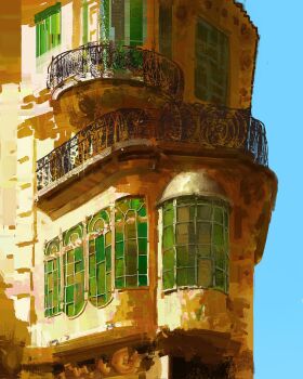 anthony_brault apartment balcony blue_sky building commentary english_commentary highres no_humans original railing scenery shadow sky stained_glass sunlight window