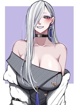 1girl bare_shoulders blue_lips blush breasts choker cleavage commentary_request dress earrings eyeliner fate/grand_order fate_(series) grey_dress grin hair_over_one_eye highres hoop_earrings jacket jewelry large_breasts long_hair long_sleeves looking_at_viewer makeup mcpc_zamurai mrs._snake_(fate) off_shoulder smile solo sweater sweater_dress tassel white_hair white_jacket yellow_eyes