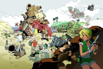 2girls 6+boys absurdres beach bird caterpillar_tracks crab crustacean day everyone fio_germi gun highres kasamoto_eri mac-10/11 marco_rossi metal_slug metal_slug_3 military military_vehicle monkey motor_vehicle multiple_boys multiple_girls mummy ostrich short_shorts shorts snk snowman submachine_gun tank tarma_roving vehicle weapon zombie