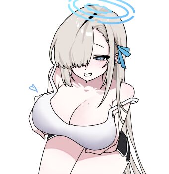 1girl absurdres asuna_(blue_archive) bare_shoulders black_shorts blonde_hair blue_archive blue_eyes blue_halo blush breast_lift breasts cleavage collarbone commentary dolphin_shorts grabbing_own_breast grin hair_over_one_eye hair_ribbon halo highres large_breasts long_hair looking_at_viewer mole mole_on_breast ribbon shorts sima.ani smile solo tank_top very_long_hair white_tank_top