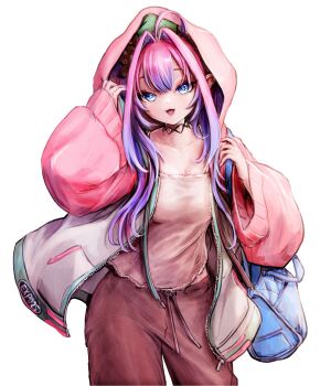 +_+ 1girl ahoge black_ribbon blue_bag blue_eyes blush breasts cleavage collarbone fingernails hair_intakes hair_ribbon highres hololive hololive_dev_is hood hoodie kikirara_vivi long_hair long_sleeves looking_at_viewer multicolored_hair multicolored_hoodie nail_polish nymph_rhythm open_clothes open_hoodie open_mouth pants pink_hair pink_hoodie pink_nails pink_pants purple_hair ribbon shirt simple_background smile solo sparkle_print two-tone_hair virtual_youtuber white_background white_hoodie white_shirt