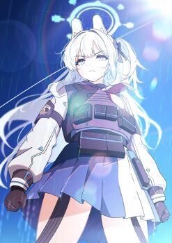 &gt;:( 1girl absurdres animal_ear_headphones animal_ears armband black_armband black_bow black_gloves blue_archive blue_halo blue_shirt blue_skirt bow bulletproof_vest clenched_hands closed_mouth fake_animal_ears from_below gloves halo headphones highres himmel_gewalt long_hair long_sleeves miyako_(blue_archive) neckerchief pink_neckerchief purple_eyes rabbit_ear_headphones rabbit_ears rainbow sailor_collar school_uniform shirt side_ponytail skirt sky solo standing v-shaped_eyebrows white_hair