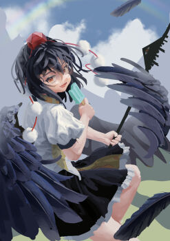 Rule 34 | 1girl, absurdres, bird wings, black hair, black wings, blue sky, cloud, commentary, day, feathered wings, food, fossilized wonders, frilled skirt, frills, gohei, hat, highres, holding, holding food, holding gohei, holding popsicle, looking at viewer, open mouth, orange eyes, outdoors, pom pom (clothes), popsicle, rainbow, red hat, shameimaru aya, skirt, sky, smile, solo, tokin hat, touhou, wings, yunickckck