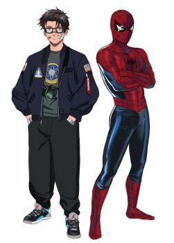 1boy american_flag animal_print bandage_on_face bandages bandaid bandaid_on_cheek bandaid_on_face bandaid_on_nose blue_eyes bodysuit brown_hair camera camera_around_neck crossed_arms full_body glasses hands_in_pockets highres jacket marvel mask mugi_(mugit49) multiple_persona multiple_views open_clothes open_jacket patch peter_parker shoes spider-man spider-man_(series) spider_print spider_web_print white_background