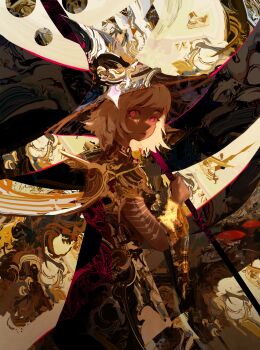 1girl abstract abstract_background absurdres commentary english_commentary hat highres holding holding_staff kevin_adi mage_staff original pink_eyes revision short_hair solo staff white_hair witch_hat