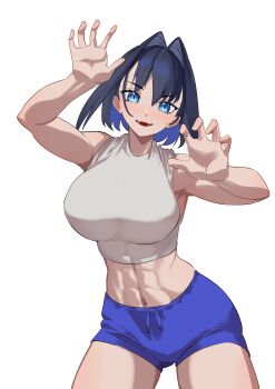 1girl abs absurdres alternate_costume armpit_peek bare_shoulders blue_eyes blue_hair blue_shorts breasts claw_pose colored_inner_hair commentary cowboy_shot daaku_(koizumi_arata) drawstring fangs hair_intakes highres hololive hololive_english large_breasts midriff multicolored_hair navel open_mouth ouro_kronii shirt short_hair shorts simple_background smile toned toned_female virtual_youtuber white_background white_shirt