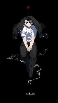 Rule 34 | 1boy, bandaged arm, bandages, bandaid, bandaid on arm, bandaid on cheek, bandaid on clothes, bandaid on face, bandaid on hand, black background, black eyes, black hair, black jacket, black pants, black shoes, blood, blood on cheek, blood on clothes, broken heart, cigarette, commentary request, crying, english text, full body, gauze, gauze on cheek, gauze on chin, gauze on clothes, gauze on forehead, heart, highres, jacket, jacket on head, looking at viewer, maeda taison, male focus, midair, open mouth, own hands together, pants, partial commentary, rokudenashi blues, ruchi (nxje5533), shirt, shoes, short hair, short sleeves, simple background, smoke, solo, straight-on, tears, thick eyebrows, too many bandaids, v arms, very short hair, white shirt