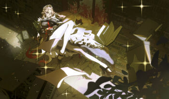 1girl absurdres alexandrina_sebastiane black_dress black_shoes book breasts closed_mouth commentary_request dress gloves hair_between_eyes highres indoors instrument knee_up large_breasts leaf library logo long_hair maid maid_headdress open_book pantyhose paper partially_fingerless_gloves piano pile_of_books red_eyes shoes single_leg_pantyhose single_sock smile socks sparkle tree user_gvme8723 very_long_hair white_hair white_pantyhose white_socks window zenless_zone_zero